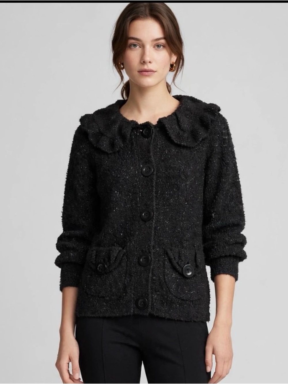 Mac & Jac Black Boucle Cardigan Sweater S Ruffle Collar Button Pockets